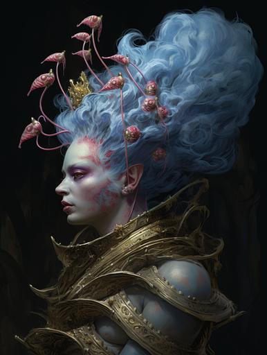 Gold Leaf Inchworm blob clown with blue hair, in the style of Guillermo Del Toro, Kerem Beyit, dark white and pink, Serge Marshennikov, fantasy illustrations, caterpillars --ar 3:4 --v 5.2