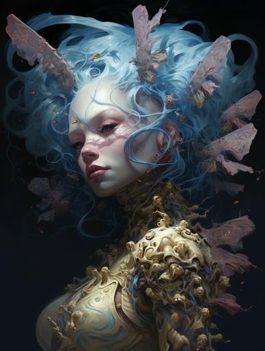 Gold Leaf Inchworm blob clown with blue hair, in the style of Guillermo Del Toro, Kerem Beyit, dark white and pink, Serge Marshennikov, fantasy illustrations, caterpillars --ar 3:4 --v 5.2