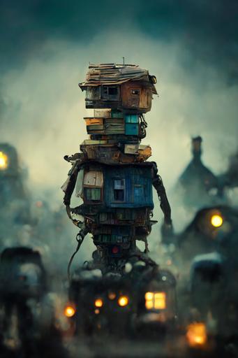 Pixar Style, micro sized, Ready Player One movie style of stacked trailer homes, jean - baptiste monge, anthropomorphic, dramatic lighting, 8k, portrait --ar 2:3