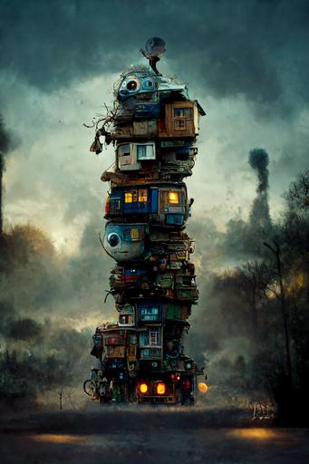 Pixar Style, micro sized, Ready Player One movie style of stacked trailer homes, jean - baptiste monge, anthropomorphic, dramatic lighting, 8k, portrait --ar 2:3