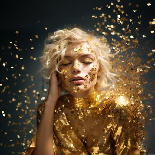Gold, glitter beading, and pixie streak# 8, in the style of pop art influencer, decadent decay, emotive confetti lighting, neo - plasticist, over the top glitter, delicate gold detailing, confetti falling, golden age aesthetics, messy,