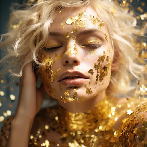 Gold, glitter beading, and pixie streak# 8, in the style of pop art influencer, decadent decay, emotive confetti lighting, neo - plasticist, over the top glitter, delicate gold detailing, confetti falling, golden age aesthetics, messy,