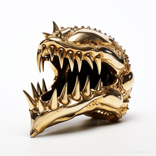 Gold jewelry in the form of animal jaw with sharp fangs on white background