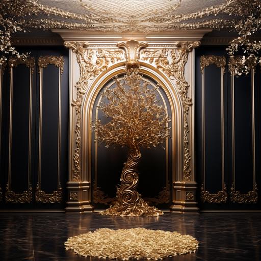 Gold leaf Christmas Tree long doors, mysterius, detailed decor, perspective