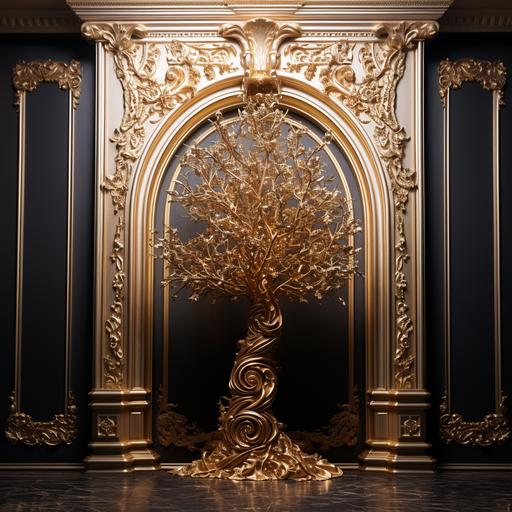 Gold leaf Christmas Tree long doors, mysterius, detailed decor, perspective