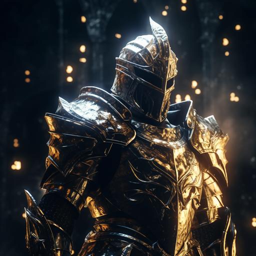 Golden Knight standing in front of darkness epic, light shining in darkness cinematic lighting