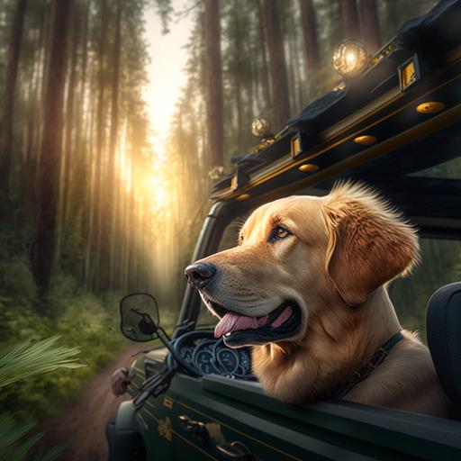 Golden Retriever dog driving Jeep wrangler, driving through forest landscape, forest in the background, Epic shooting, sharp details, wide angle, realistic render, Vray render, 8K, hyper realistic, high details, depth of field, canon photography, vibrant glows, cinematic lighting, Editorial Photography, Photography, Photoshoot, Super-Resolution, Megapixel, Natural Lighting, Optical Fiber, Moody Lighting, Cinematic Lighting, Soft Lighting, Volumetric, Contre-Jour, Beautiful Lighting, Accent Lighting, Global Illumination, Screen Space Global Illumination, Ray Tracing Global Illumination, Optics, Rough, Shimmering, Ray Tracing Reflections, Lumen Reflections, Screen Space Reflections, Diffraction Grading, Chromatic Aberration, GB Displacement, Scan Lines, Ray Traced, Ray Tracing Ambient Occlusion, Anti-Aliasing, FKAA, TXAA, RTX, SSAO, Shaders, OpenGL-Shaders, CGI, VFX, SFX, insanely detailed and intricate