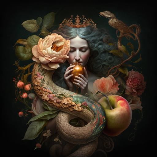 Golden apple with water droplets stuck to it, a woman with her eyes closed is nibbling an apple, a snake is wrapped around a woman's arm, the snake has its mouth open, surrounded by flowers, leaves and fairyland, golden powder