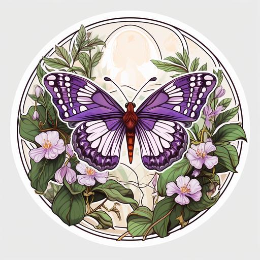 Goliath birdwing butterfly illustration, purple and white aesthetic. Vintage, 1940s sticker, round shaped, in a floral circle frame, Art Nouveau style with long, sinuous lines, asymmetry, and natural objects such as vines, insect wings, and flower stalks, exotic, extravagant, geometric forms, maori patterns and motifs, intricate, contrasting, bold color, natural color, detail and patterns. --ar 1:1