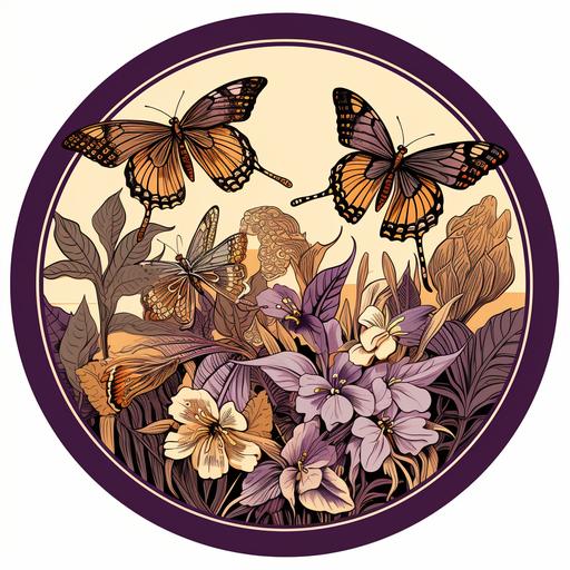 Goliath birdwing butterflys illustration, purple and brown aesthetic. Vintage, 1940s sticker, round shaped, in a floral circle frame, Art Nouveau style with long, sinuous lines, asymmetry, and natural objects such as vines, insect wings, and flower stalks, exotic, extravagant, geometric forms, maori patterns and motifs, intricate, contrasting, bold color, natural color, detail and patterns. --ar 1:1