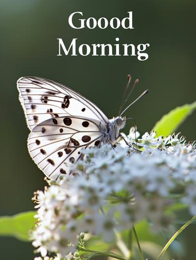 Good morning greeting picture. There can be a design picture of the sun, Butterfly, flower or flower fileld simple pictures or outdoor early morning pictures. Various, with the words 