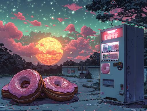 Gorgeous donuts wearing art deco clothing and looking happy, on a table beside a coffee vending machine, in the background is an epic green fuchsia cloudy sunset sky of an alien planet, in the style of Matt Bors --ar 4:3 --s 999 --style raw