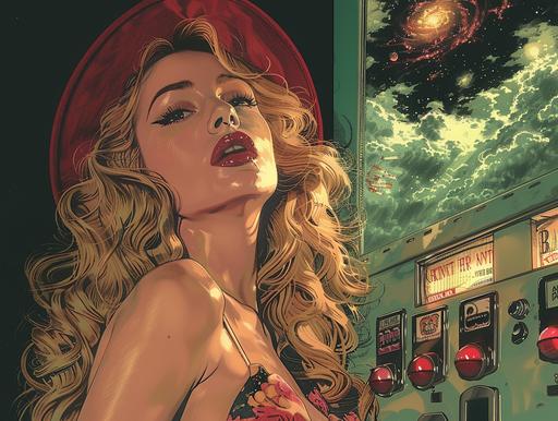 Gorgeous femme fatale Vivian Bardot wearing art deco clothing and looking happy, standing beside a cigarette vending machine, in the background is an epic green fuchsia cloudy sunset sky of an alien planet, in the style of Matt Bors --ar 4:3 --s 999 --style raw