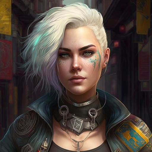 Gorgeous plus-size woman, small waist, white hair, white eyes, tender smile, esoteric tattoo, she is wearing cyberpunk casual clothes, cyberpunk settings, rpg character, upper body portrait, artwork by ruan jia style, high définition, ultra realistic, ultra detailed