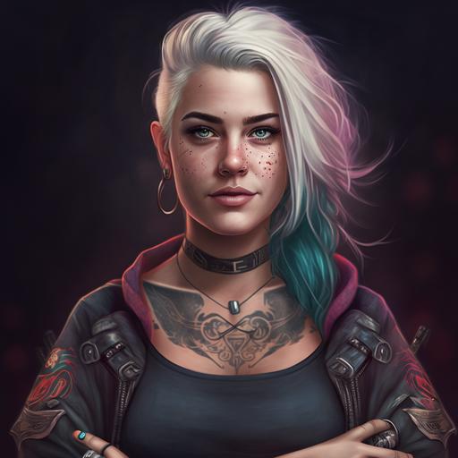 Gorgeous plus-size woman, small waist, white hair, white eyes, tender smile, esoteric tattoo, she is wearing cyberpunk casual clothes, cyberpunk settings, rpg character, full body view, high définition, ultra realistic, ultra detailed