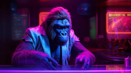 Gorilla, gun, dirty t-shirt, bar in Vegas, medium: photo hyper-realism, cinematic lighting, ultra photo real style: reminiscent of scenes from classic Las Vegas movies with a twist of anthropomorphism, lighting: neon lights reflecting off surfaces with a slightly dim ambient light to highlight the gorilla’s expression, colours: vibrant neon colors contrasted with the dark and dirty aesthetic of the t-shirt and bar, composition: Canon EOS-1D X Mark III, EF 50mm f/1.2L USM lens, f/2.8, ISO 800, shutter speed 1/60s, capturing the gorilla from a mid-close up, ensuring the gun, holster, and t-shirt details are visible and sharp, while the bar background is slightly blurred yet recognizable with classic Vegas elements (such as slot machines and neon signs). --ar 16:9 --v 5.1 --style raw --s 750