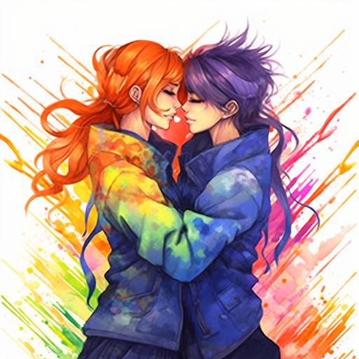 anime LGBTq lesbian couple in exciting body - to - body making intimate love, in the colors of the pride flag red orange yellow green blue purple color paint drip splatter swirl