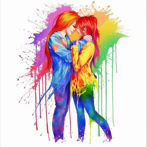 anime LGBTq lesbian couple in exciting body - to - body making intimate love, in the colors of the pride flag red orange yellow green blue purple color paint drip splatter swirl