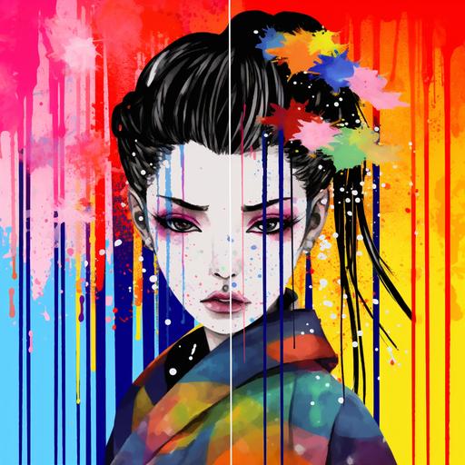 anime cartoon style lesbian Japanese geisha rainbow cyberpunk Lgbtq pride flag colors red orange yellow green blue purple paint splatter drip background