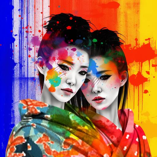 anime cartoon style lesbian Japanese geisha rainbow cyberpunk Lgbtq pride flag colors red orange yellow green blue purple paint splatter drip background