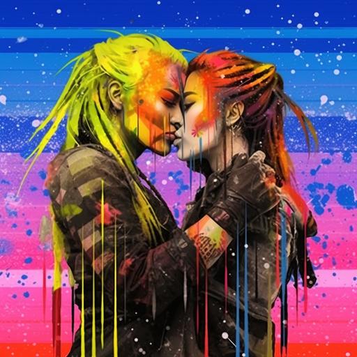anime style cyberpunk interracial lesbian stud and femme couple Lgbtq pride flag color red orange yellow green blue purple paint splatter drip background