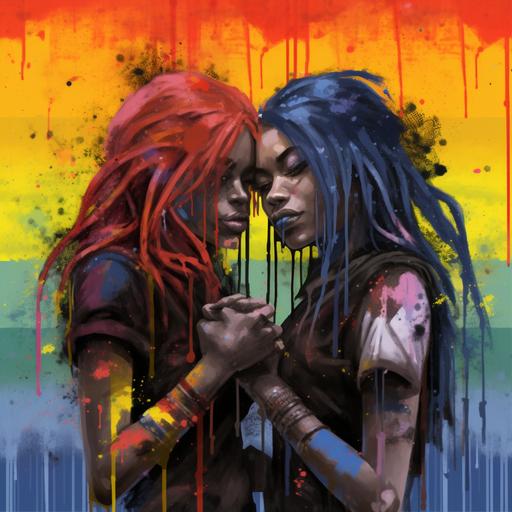 anime style cyberpunk interracial lesbian stud and femme couple Lgbtq pride flag color red orange yellow green blue purple paint splatter drip background