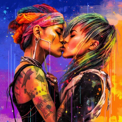 anime style cyberpunk tattooed and pierced interracial lesbian Latina African American couple kiss Lgbtq pride flag color red orange yellow green blue purple paint splatter drip background