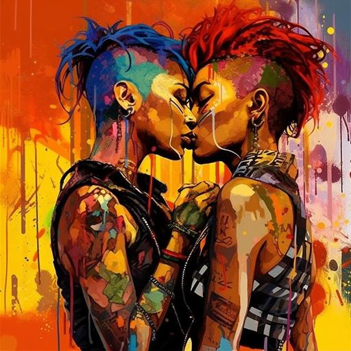anime style cyberpunk tattooed and pierced interracial lesbian Latina African American couple kiss Lgbtq pride flag color red orange yellow green blue purple paint splatter drip background