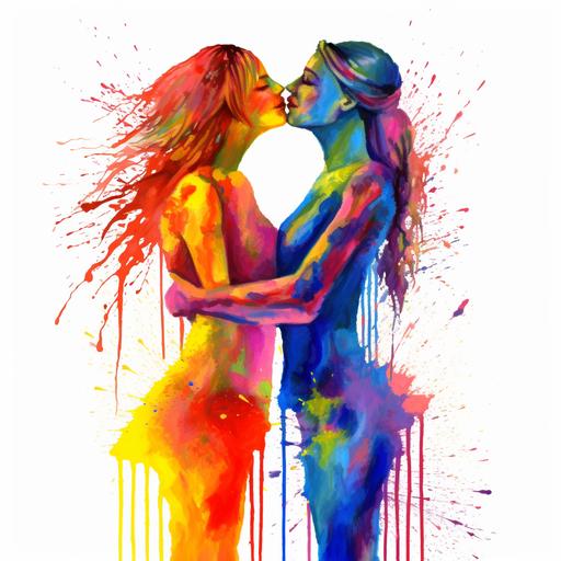 cartoon anime LGBTq lesbian couple in exciting body - to - body making intimate love, in the colors of the pride flag red orange yellow green blue purple color paint drip splatter swirl