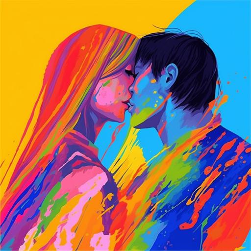 cartoon anime LGBTq lesbian stud and femme couple in exciting body - to - body making intimate love, in the colors of the pride flag red orange yellow green blue purple color paint drip splatter swirl