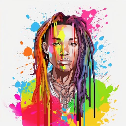 cartoon anime Lgbtq lesbian African American stud with tattoos and dreads wearing a minister clothes and collar background pride flag colors red orange yellow green blue purple color paint splatter splash drip