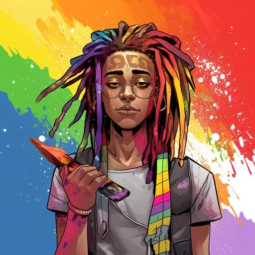 cartoon anime Lgbtq lesbian African American stud with tattoos and dreads wearing a ministers collar and clothes background pride flag colors red orange yellow green blue purple color paint splatter splash drip