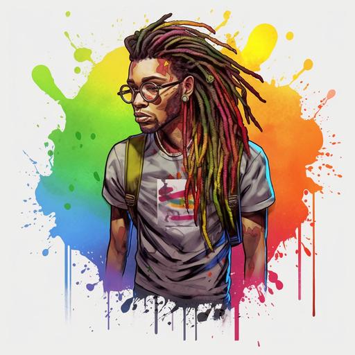 cartoon anime Lgbtq lesbian African American stud with tattoos and dreads wearing a ministers collar and clothes background pride flag colors red orange yellow green blue purple color paint splatter splash drip