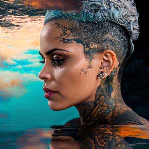 lesbian tattooed Puerto Rican interracial reflection in water with ripple uhd 3d Liquid Metal cyber punk