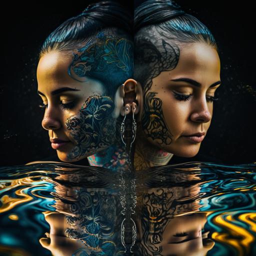 lesbian tattooed Puerto Rican interracial reflection in water with ripple uhd 3d Liquid Metal cyber punk