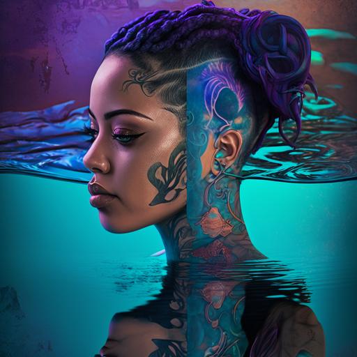 lesbian tattooed Puerto Rican interracial reflection in water with ripple uhd 3d cyber punk