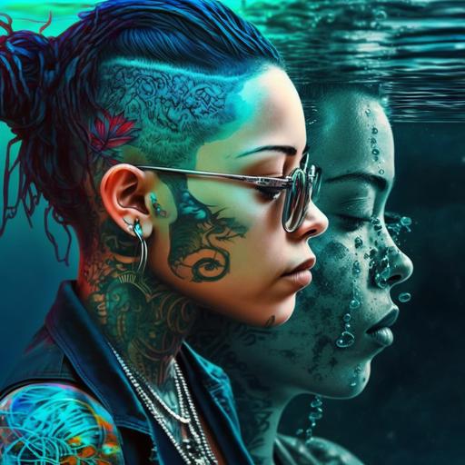 lesbian tattooed Puerto Rican interracial reflection in water with ripple uhd 3d cyber punk