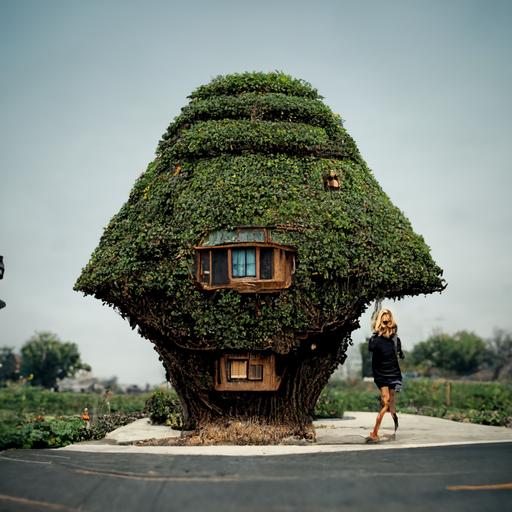 cameron diaz prunning a house-shaped tree