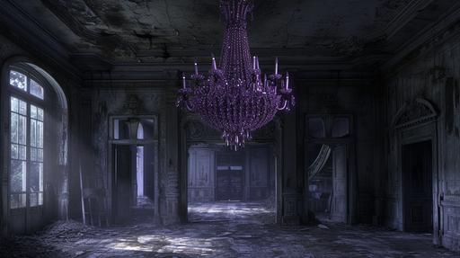 Gothic Wisteria-Purple Chandelier in an Abandoned Mansion on Black Background: Visualize an elegant yet eerie wallpaper featuring a large Gothic chandelier, its crystals tinged with wisteria-purple, hanging in the center of a derelict mansion's grand hall. The 3D rendering highlights the contrast between the chandelier's detailed craftsmanship and the surrounding decay. The black background adds to the scene's melancholy and grandeur, with light from the chandelier casting haunting shadows, prompt created by MegUSN1 --ar 16:9 --v 6.0 --s 250 --style raw
