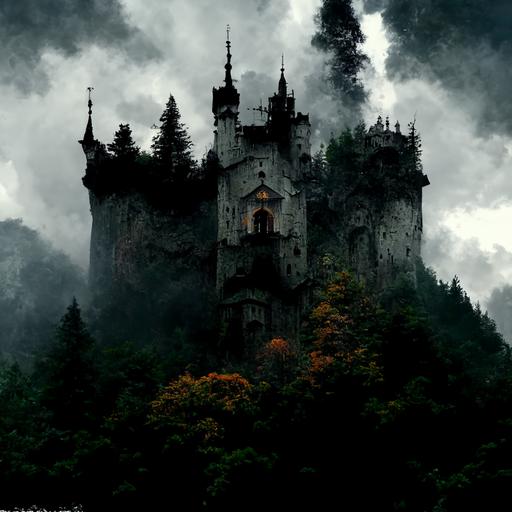 Gothic dark castle surrounded by forest on top of mountain, medieval, high tower