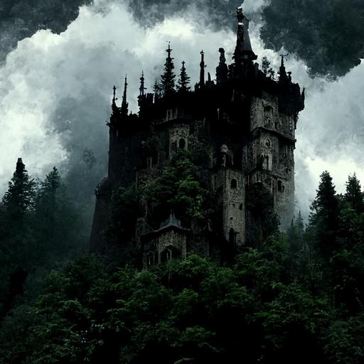 Gothic dark castle surrounded by forest on top of mountain, medieval, high tower