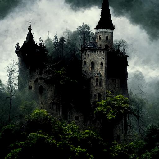 Gothic dark castle surrounded by forest on top of mountain, medieval, high tower