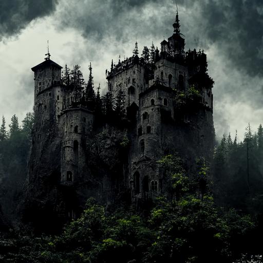 Gothic dark castle surrounded by forest on top of mountain, medieval, high tower