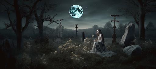 Gothic landscape scene, dark forest at night,moon, moon light, dark burgundy roses, old graveyard, beautiful witch sitting in very center, --ar 9:4 --v 5.0