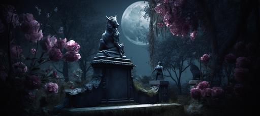 Gothic landscape scene, photo-realistic dark forest at night, moon light, burgundy roses, gargoyle statue, --ar 9:4 --v 5.0