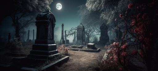 Gothic landscape scene, photo-realistic dark forest at night, moon light, burgundy roses, old tombstones, --ar 9:4 --v 5.0