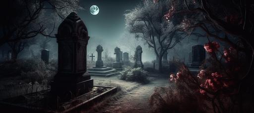 Gothic landscape scene, photo-realistic dark forest at night, moon light, burgundy roses, old tombstones, --ar 9:4 --v 5.0