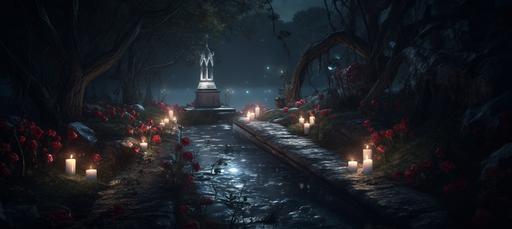 Gothic landscape scene, photo-realistic dark forest at night, moon light, burgundy roses, creek, old tombstones, candles --ar 9:4 --v 5.0