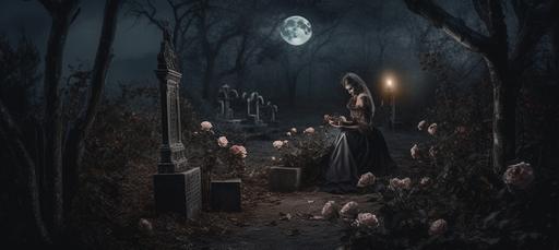Gothic landscape scene, photo-realistic dark forest at night, moon light, dark burgundy roses, old graveyard, beautiful witch sitting in very center, --ar 9:4 --v 5.0