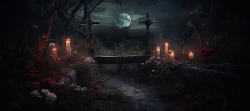 Gothic landscape scene, photo-realistic dark forest at night, moon light, burgundy roses, creek, old tombstones, candles --ar 9:4 --v 5.0